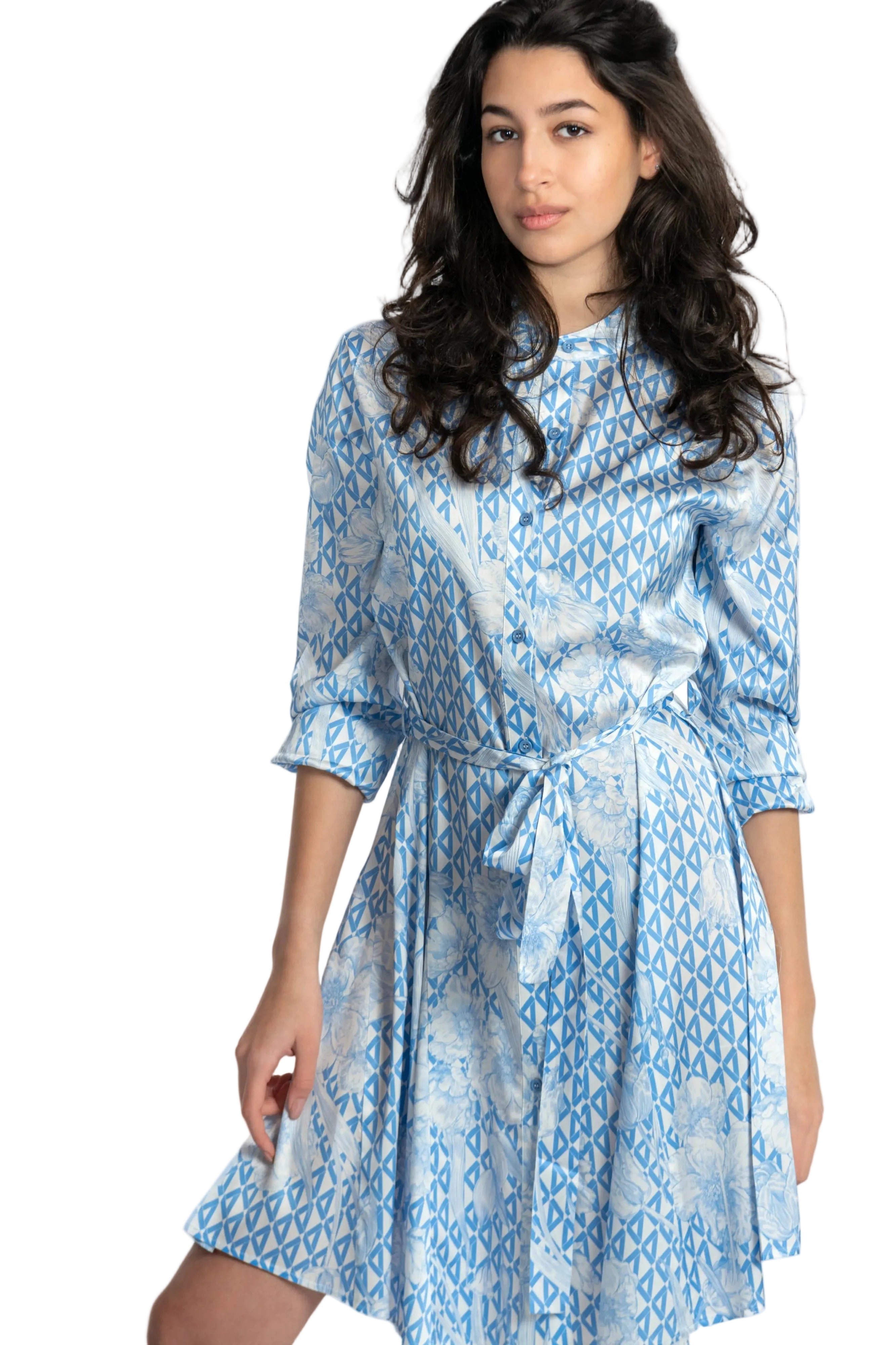 Kleid, Cashmere, Luxusmode, Designermode, Frauenmode, Sommerlich, leicht, luftig, gemütlich, geometrisches Muster, Weiß, Hell Blau, Zeitlose Mode