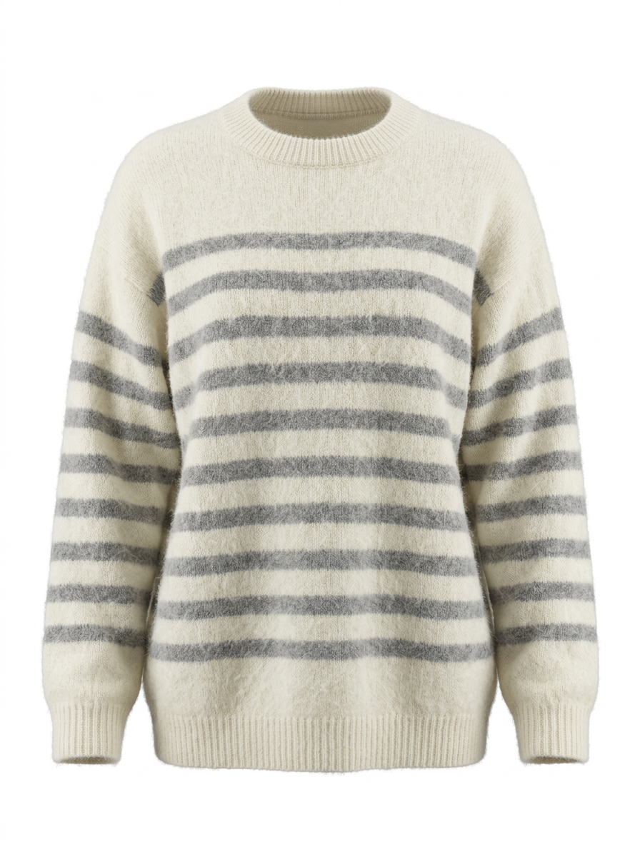 S26-206 – Gestreifter Strickpullover – Beige (graue Streifen) – Vorderansicht