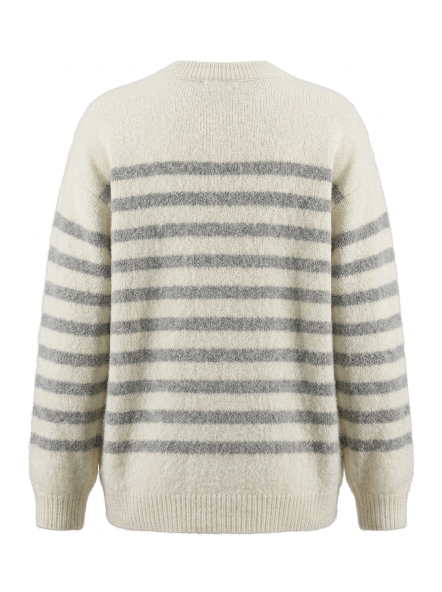 S26-206 – Gestreifter Strickpullover – Beige (graue Streifen) – Rückansicht