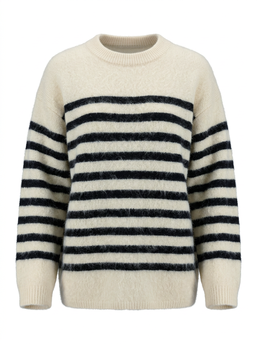 S26-206 – Gestreifter Strickpullover – Beige (navyfarbene Streifen) – Vorderansicht