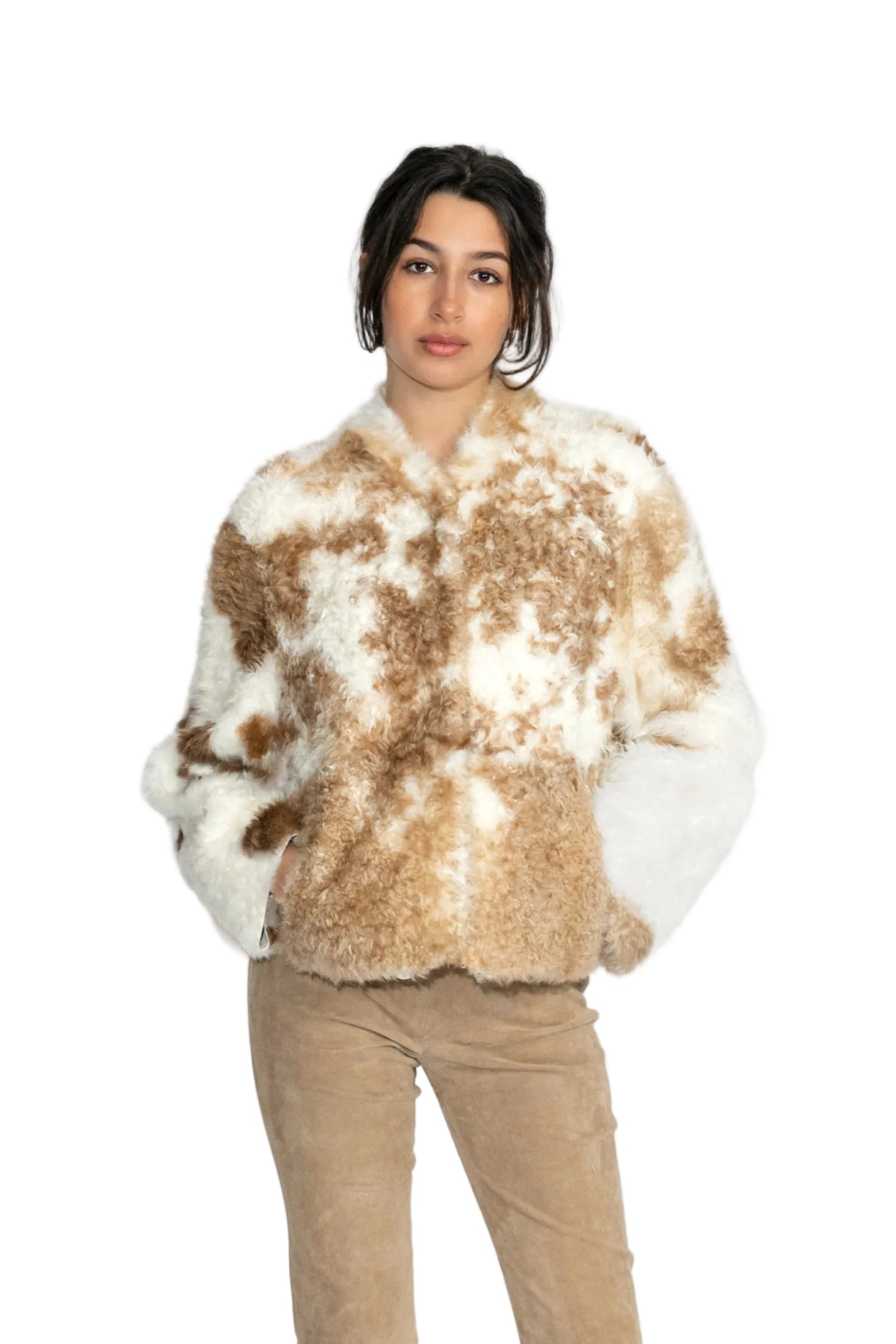 Jacket, Fell, Muster, Kuh, Kurz, V-Ausschnit, Natur, Braun, Weiß, Winter, Jacket, Jacke,
Steven-K