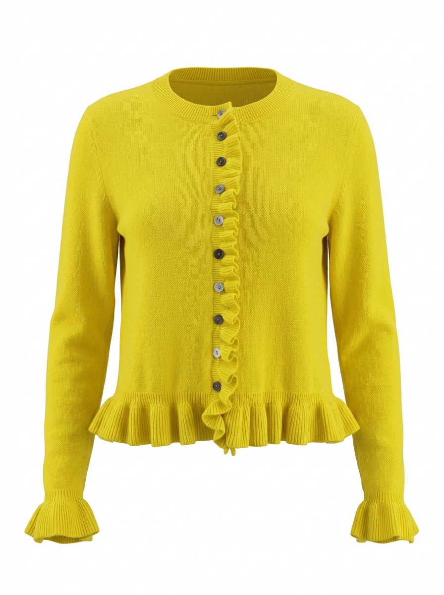 S26-135 – Strickjacke mit Rüschen – Yellow – Vorderansicht