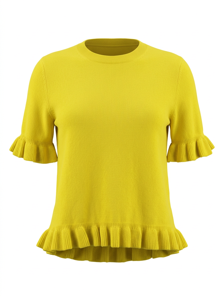 S26-136 – Kurzarm-Strickpullover mit Rüschen – Yellow – Vorderansicht
