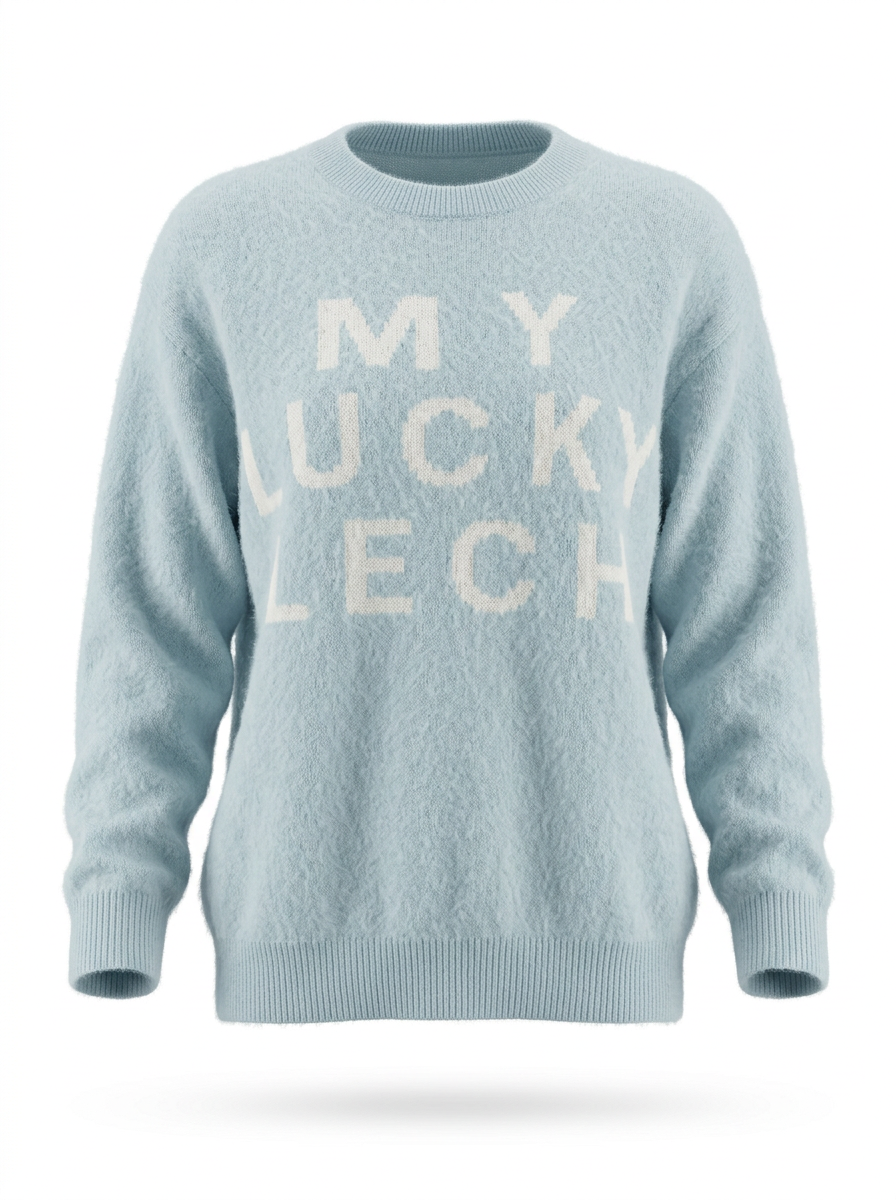 S26-198 – Strickpullover mit Schriftmotiv – Babyblue – Vorderansicht