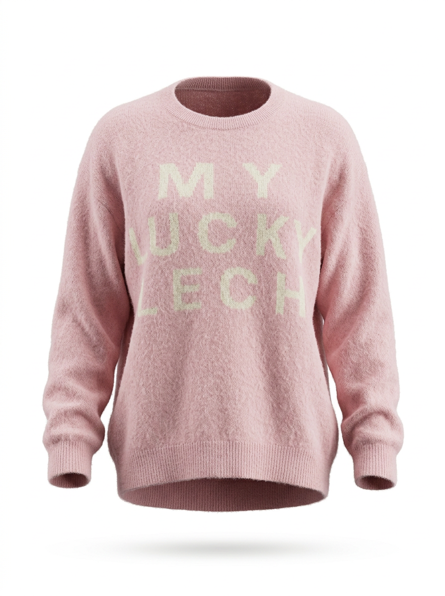 S26-198 – Strickpullover mit Schriftmotiv – Rosa – Vorderansicht