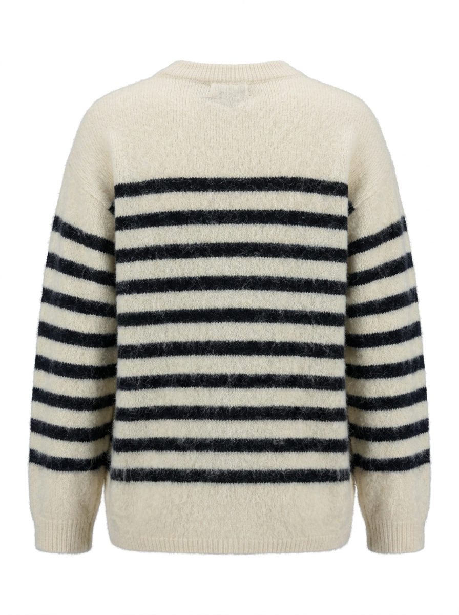 S26-206 – Gestreifter Strickpullover – Beige (navyfarbene Streifen) – Rückansicht