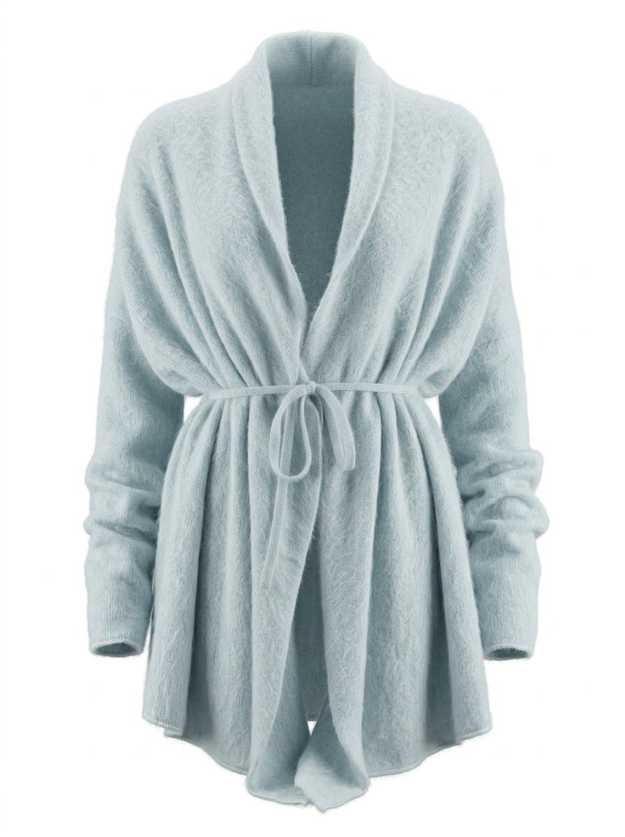 S26-216 – Offene Strickjacke mit Bindeband – Babyblue – Vorderansicht