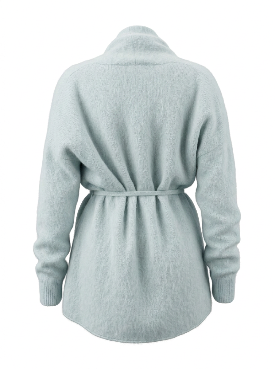 S26-216 – Offene Strickjacke mit Bindeband – Babyblue – Rückansicht