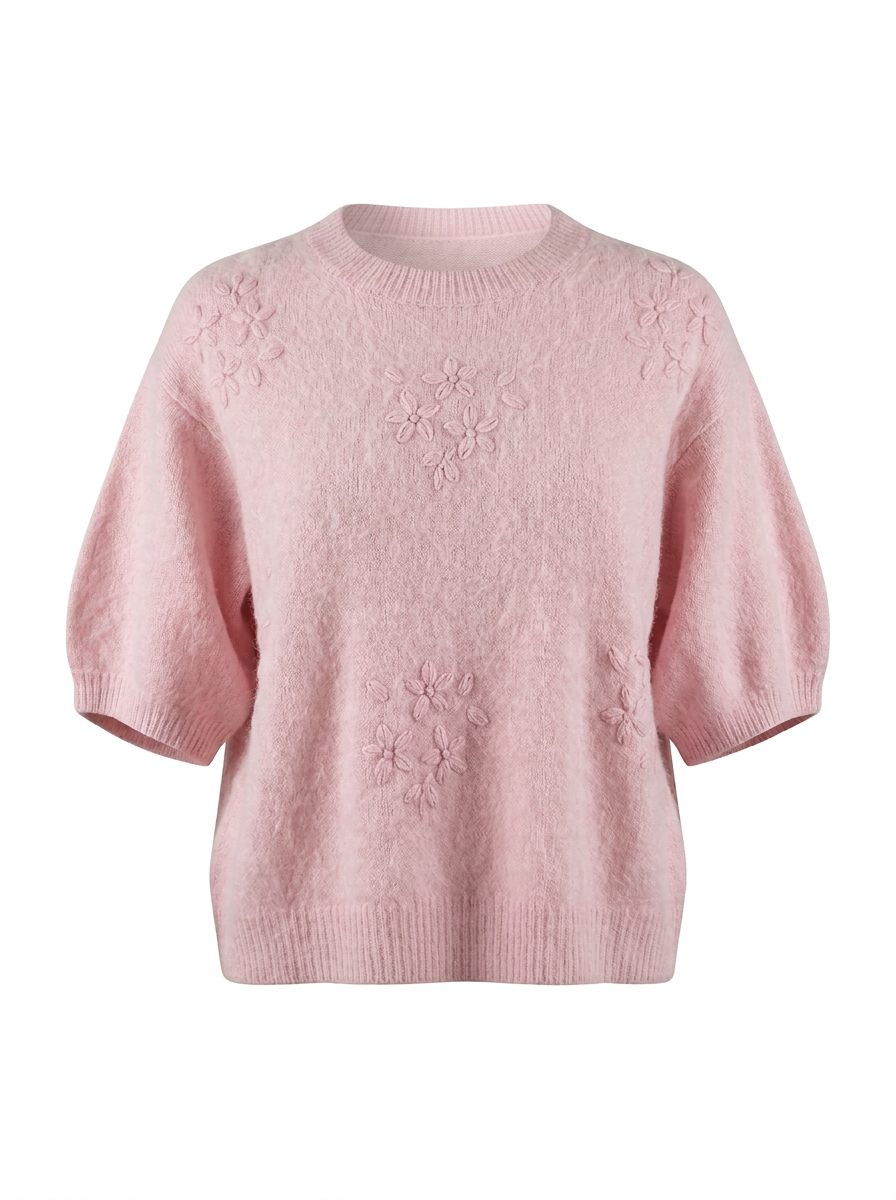 S26-221 – Kurzarm-Strickpullover – Rosa – Vorderansicht