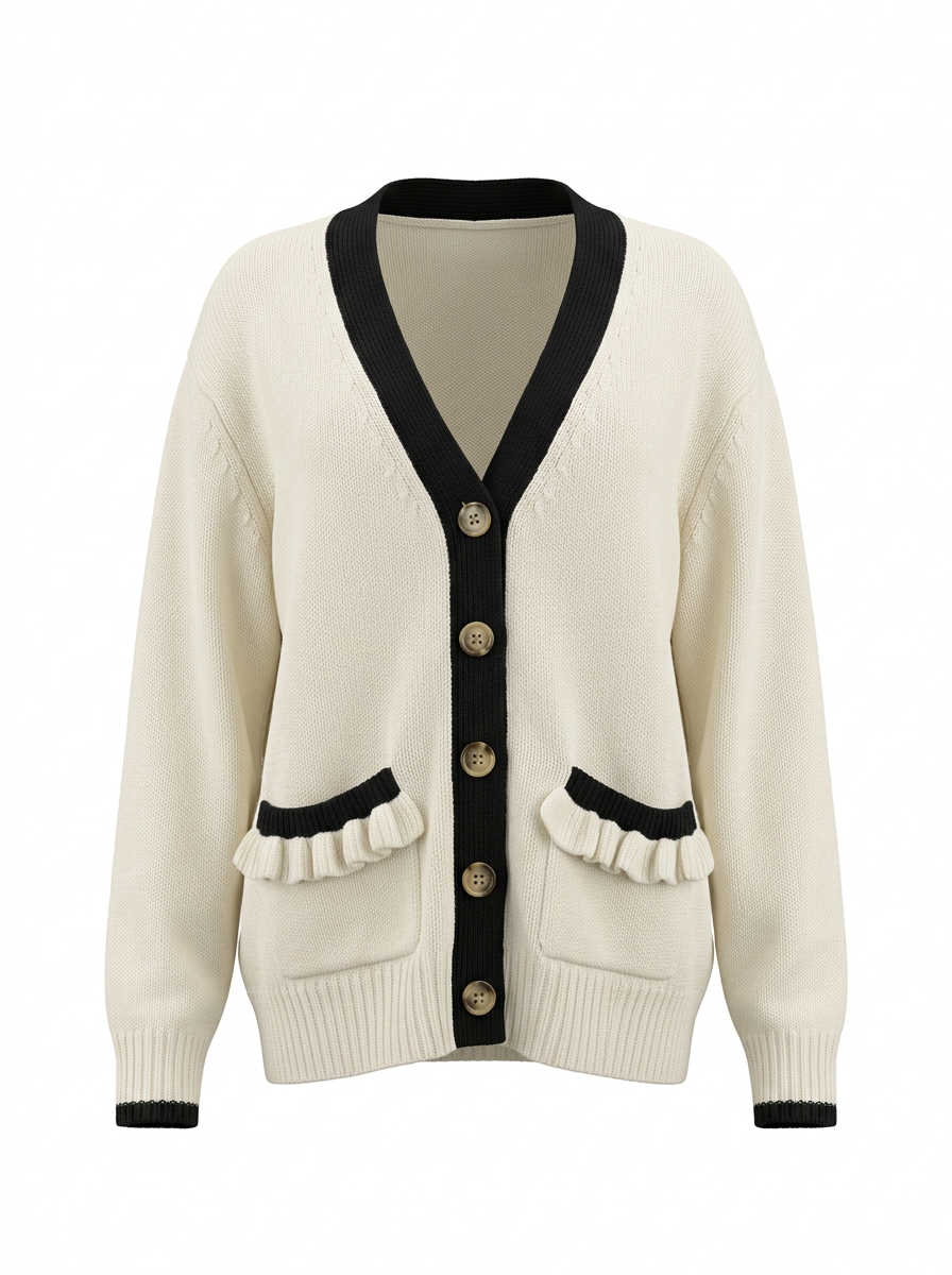 S26-230 – Strickjacke mit Kontrastkanten – Offwhite – Vorderansicht