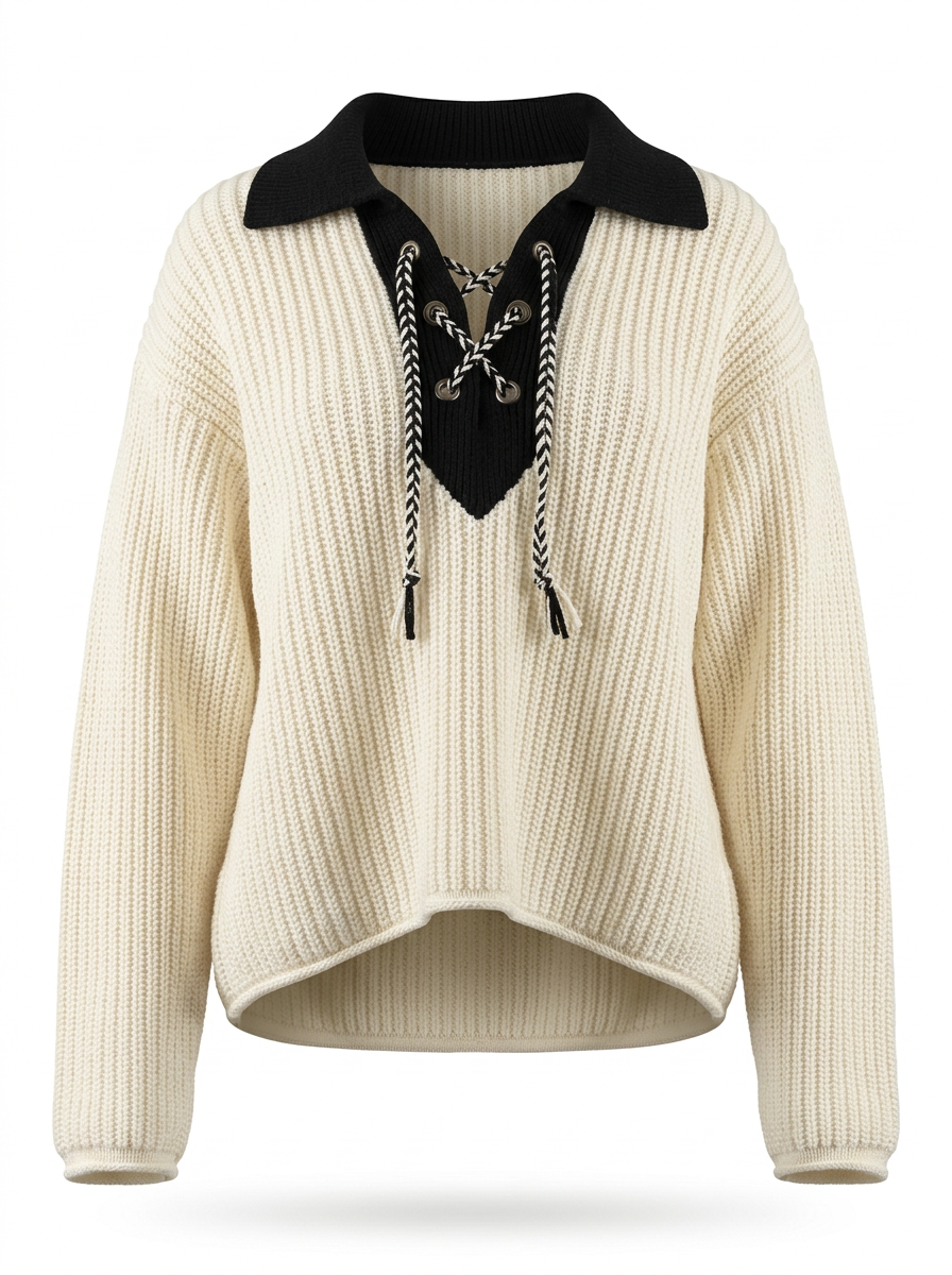 S26-266 – Strickpullover mit Schnürung – Offwhite – Vorderansicht